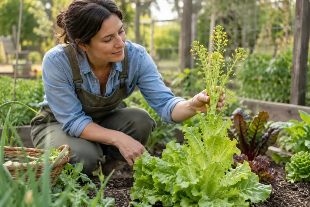 A gardener examining the tall central stem of a lettuce plant.