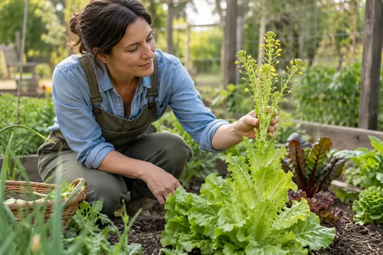 A gardener examining the tall central stem of a lettuce plant.