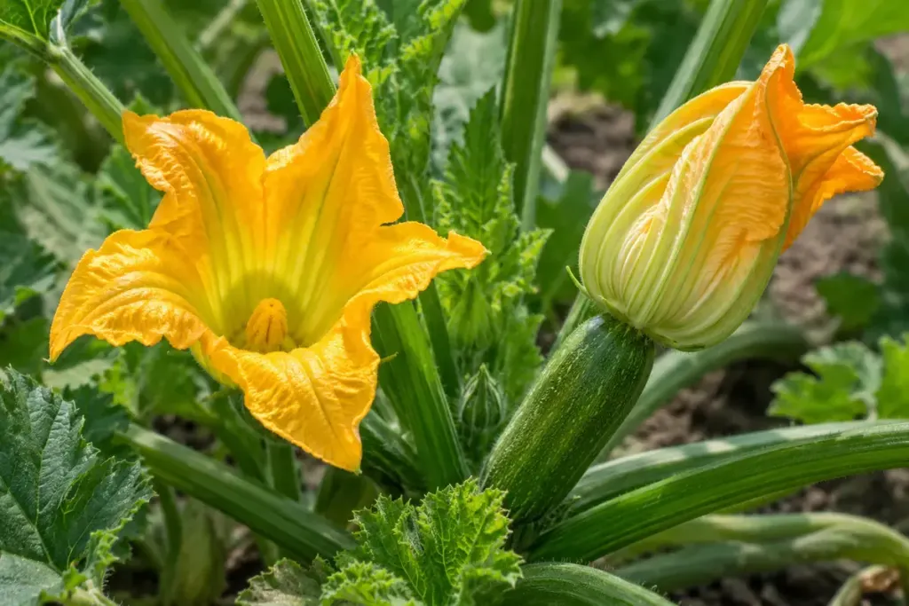 Close view of male and female yellow courgette flowers on a healthy plant in a vegetable garden.