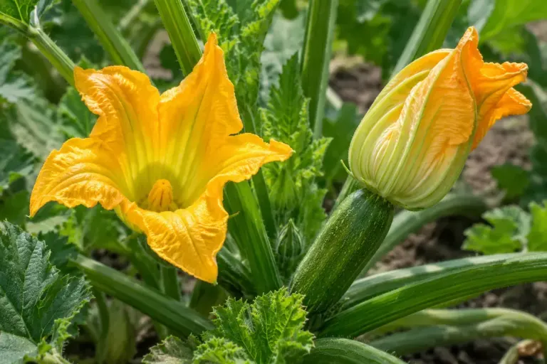 Close view of male and female yellow courgette flowers on a healthy plant in a vegetable garden.