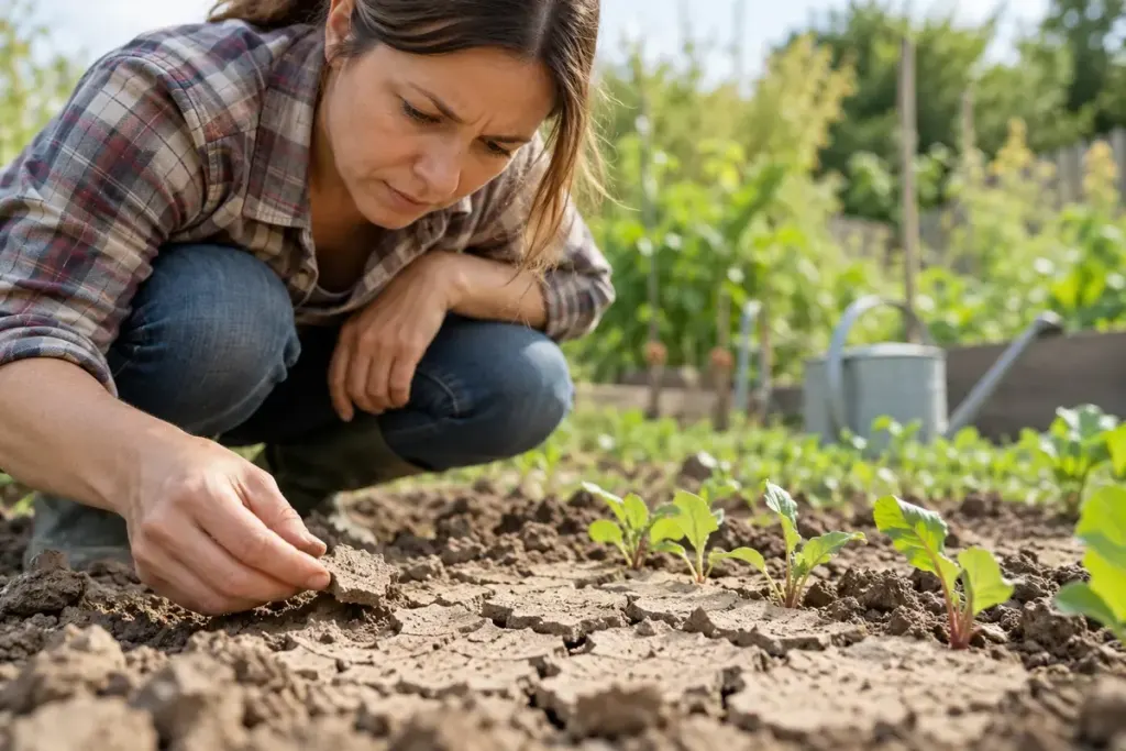 A gardener closely inspecting a dry crusted patch of soil beside emerging vegetable seedlings.
