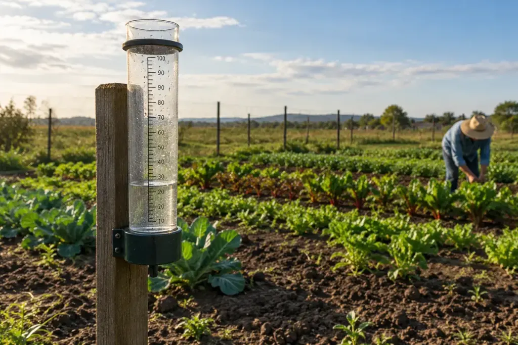 A simple rain gauge mounted upright in an open vegetable plot away from trees.