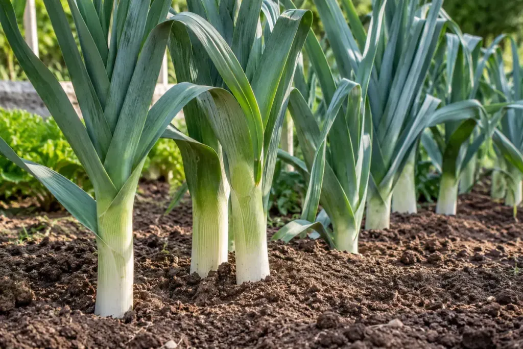 Leeks growing upright in a vegetable bed with pale lower stems and loose soil nearby.