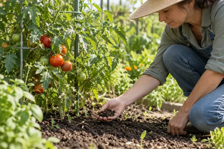 A gardener examining soil beside tomato plants.