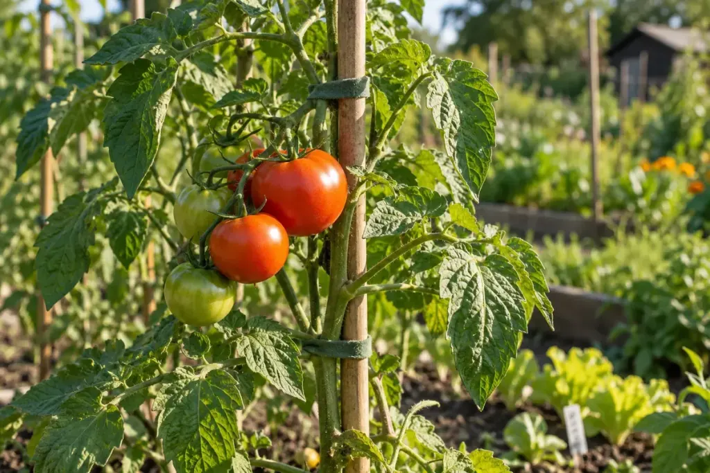A healthy garden tomato plant supported by a cane with soft ties.