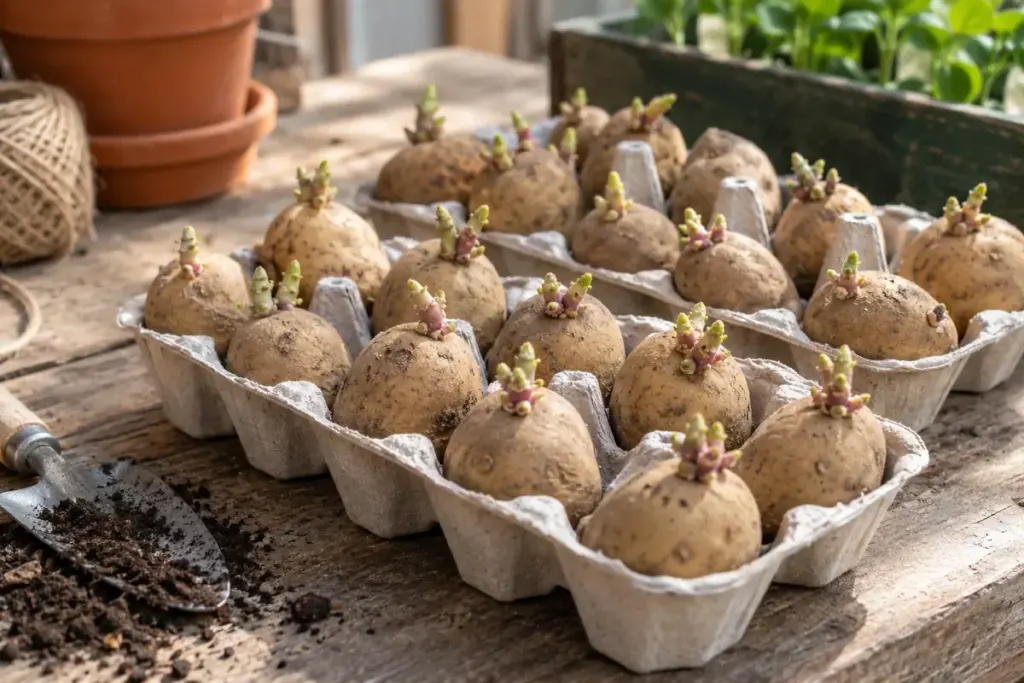 Seed potatoes in egg cartons with short sturdy sprouts.