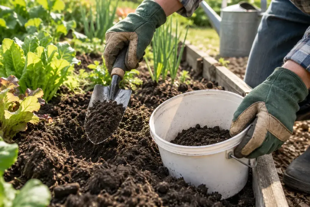 A gardener collecting soil with a trowel beside a clean sample bucket.