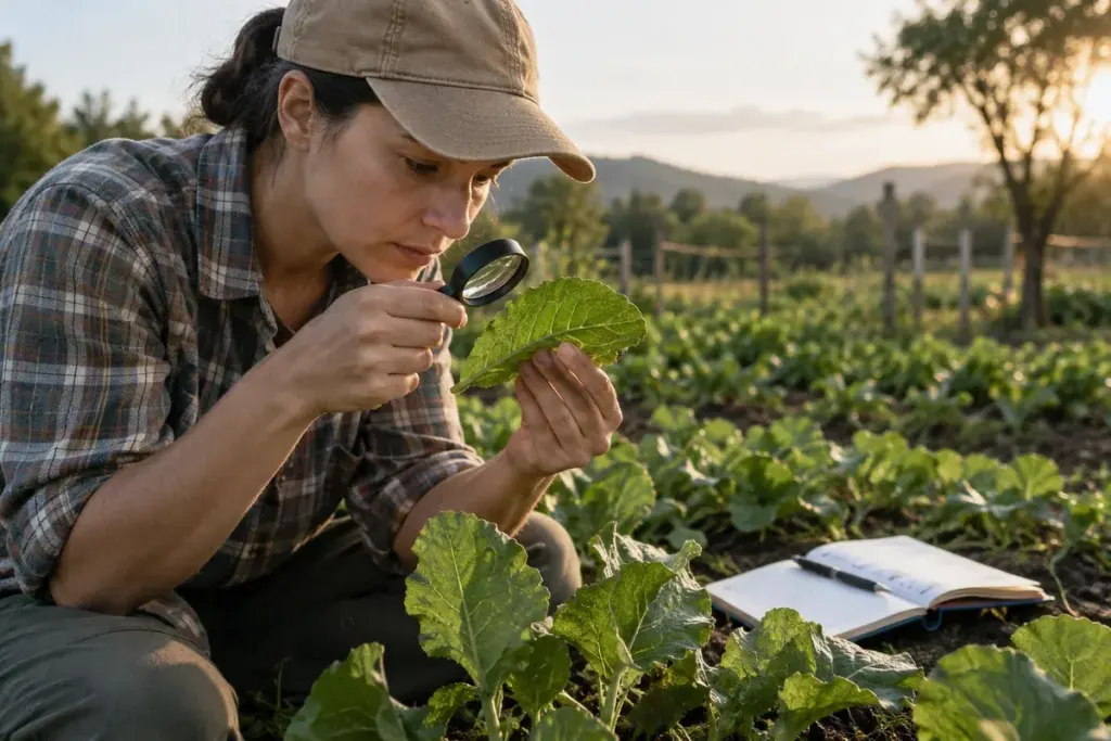 Small-scale farmer examining the underside of a leaf with a hand lens beside a field notebook, no spraying.