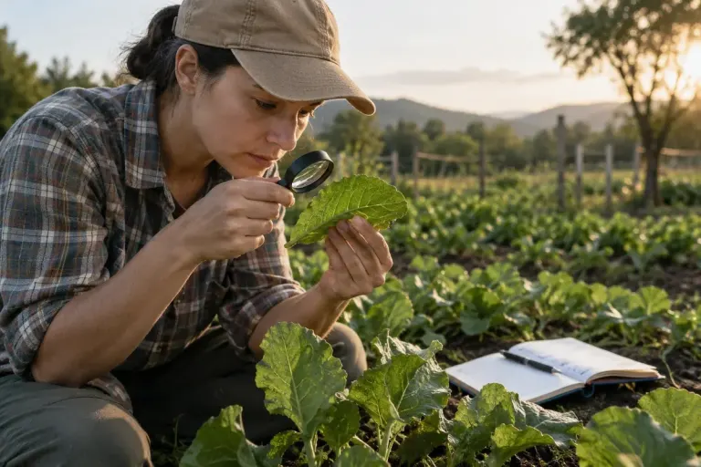 Small-scale farmer examining the underside of a leaf with a hand lens beside a field notebook, no spraying.