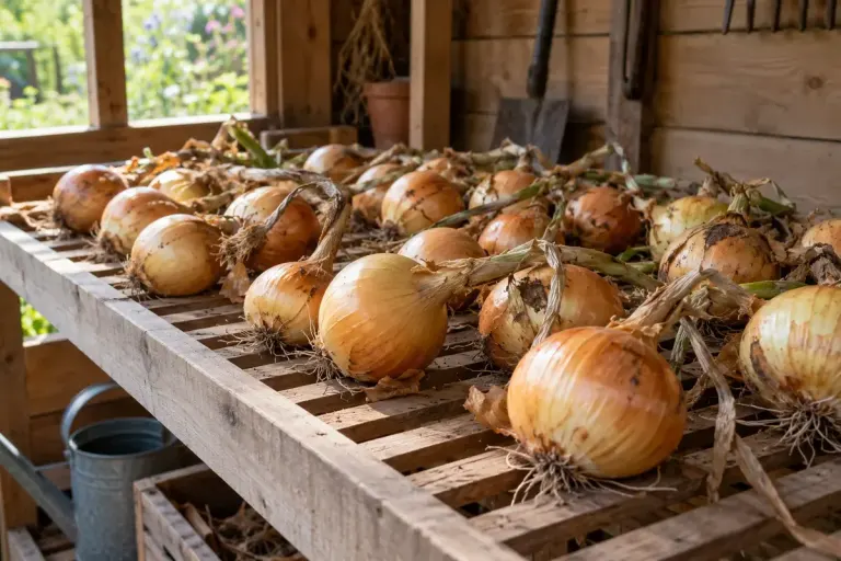 Freshly harvested golden onions arranged in a single layer on a ventilated wooden rack inside a dry airy garden shed.