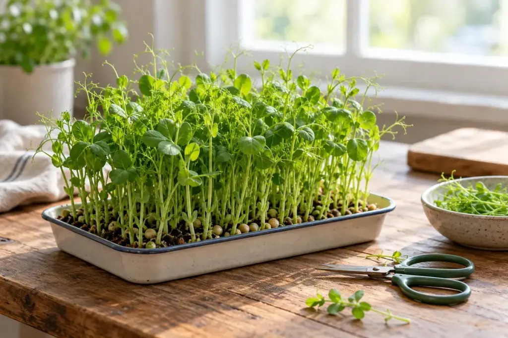 Fresh green pea shoots growing in a shallow tray beside a small pair of clean scissors.