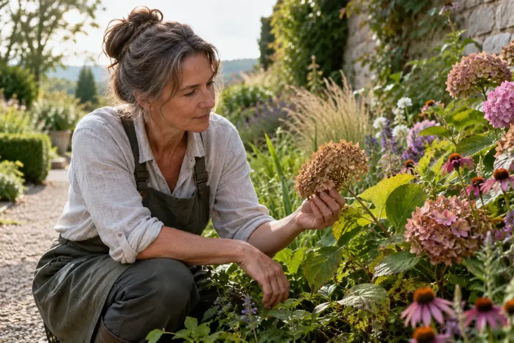 A gardener examining a faded flower head beside a blooming border.