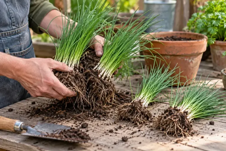 An established chive clump gently divided into smaller rooted sections on a garden potting bench.