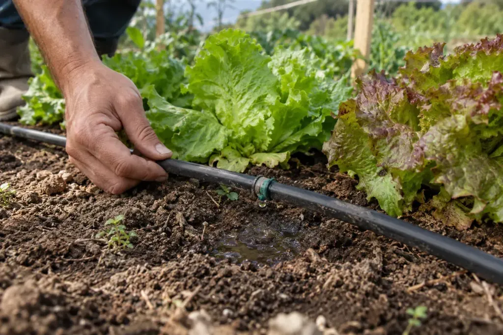 A hand checking a drip-line connection beside leafy vegetables and damp soil.