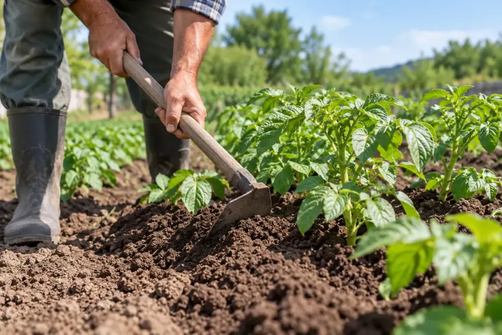 A gardener carefully drawing loose soil around rows of young potato plants.