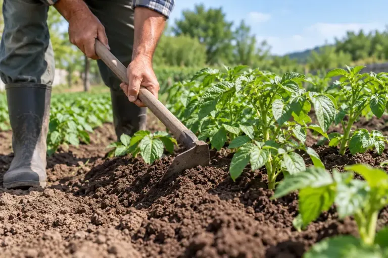 A gardener carefully drawing loose soil around rows of young potato plants.
