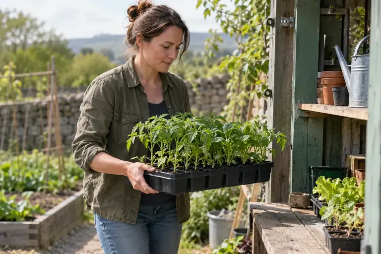 A gardener moving a tray of young vegetable plants into a sheltered outdoor position.