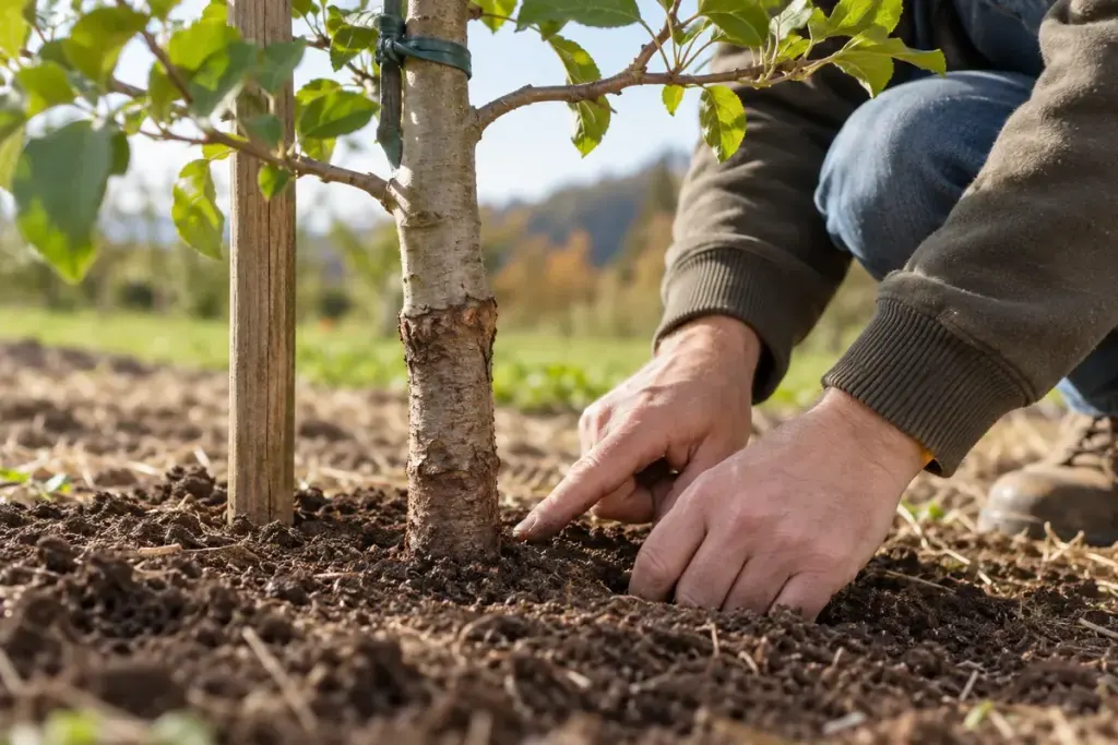 Close view of a young grafted fruit tree trunk above the soil line with an adult checking the planting depth.