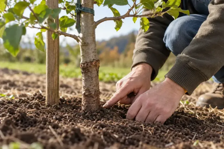 Close view of a young grafted fruit tree trunk above the soil line with an adult checking the planting depth.