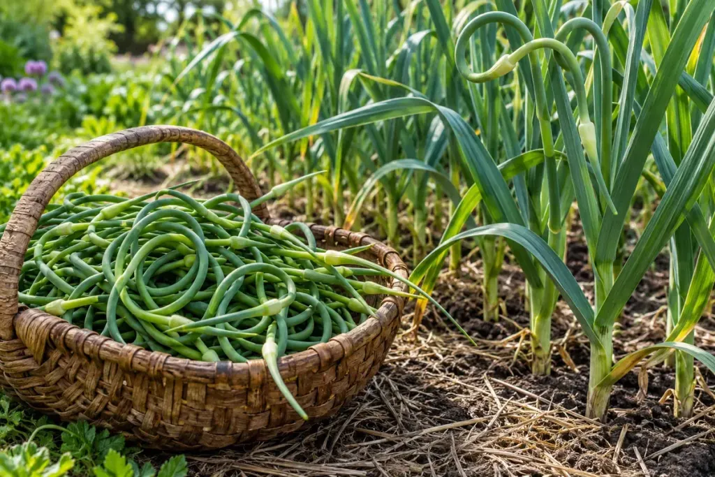 Fresh curled garlic scapes in a harvest basket beside healthy garlic plants in a garden bed.