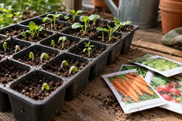 Seed tray with seedlings emerging at different stages beside seed packets.