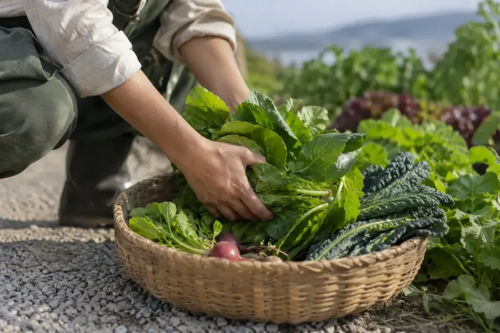 Hands gently placing freshly harvested leafy greens into a shallow clean basket.