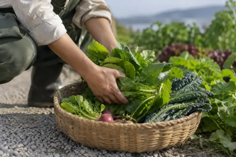 Hands gently placing freshly harvested leafy greens into a shallow clean basket.