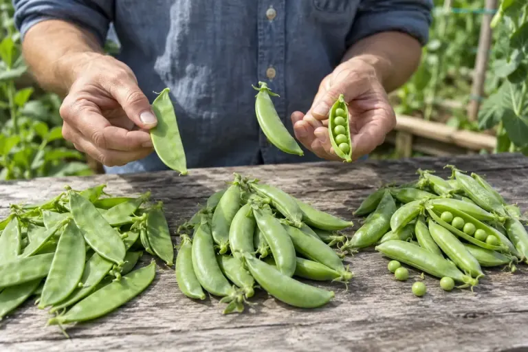 Gardener comparing snow peas sugar snap peas and shelling pea pods.