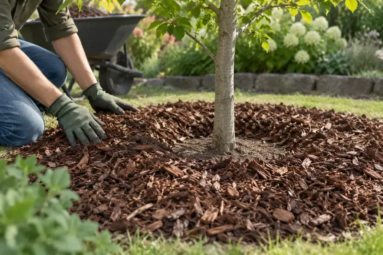 Close view of organic mulch around a young garden tree with clear bare ring around trunk, gardener wearing gloves nearby.