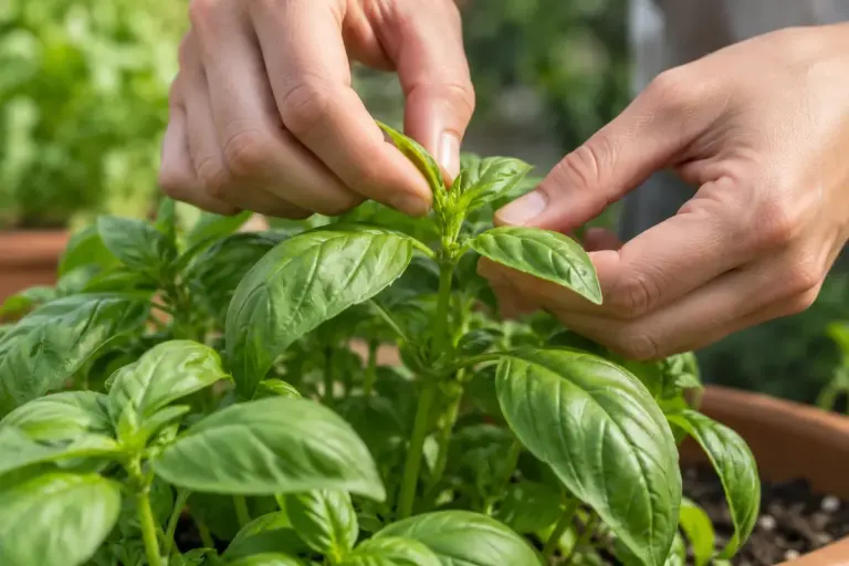 Hands pinching the soft tip of a healthy basil plant just above paired leaves.