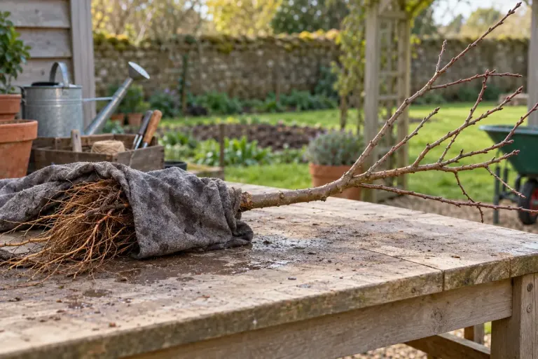 Dormant bare-root fruit tree on a garden workbench with its roots partly protected by damp cloth.
