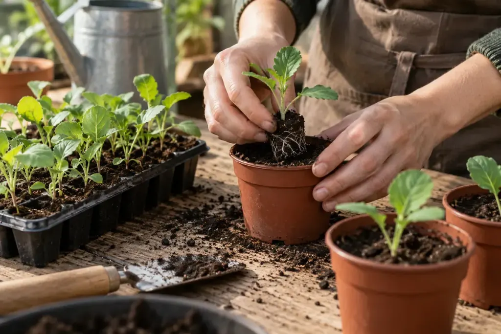 Small vegetable seedlings with true leaves being moved carefully into individual pots.