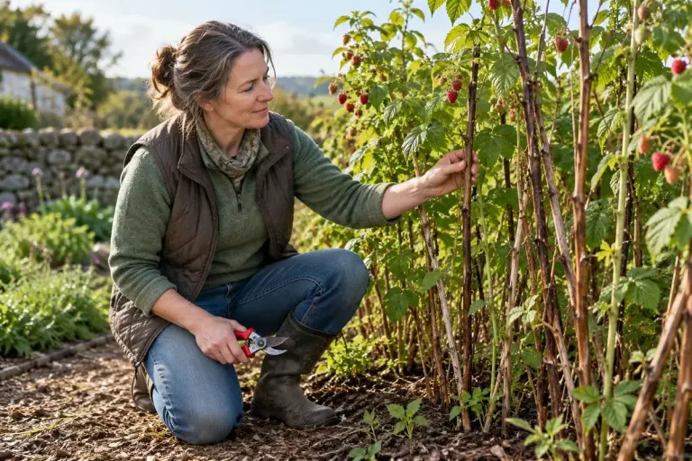 A gardener inspecting upright raspberry canes with old brown and younger stems in a garden bed, secateurs held closed at side.