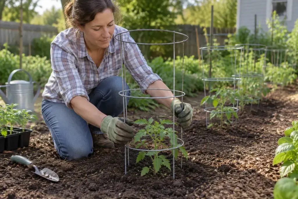 A gardener installing a tomato cage around a small young plant.