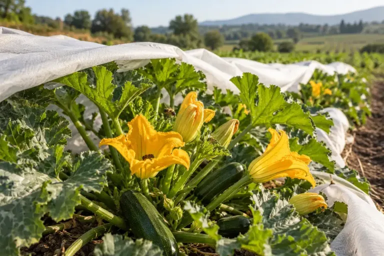 Flowering courgette plants with agricultural fleece rolled back neatly and bees near open blossoms.