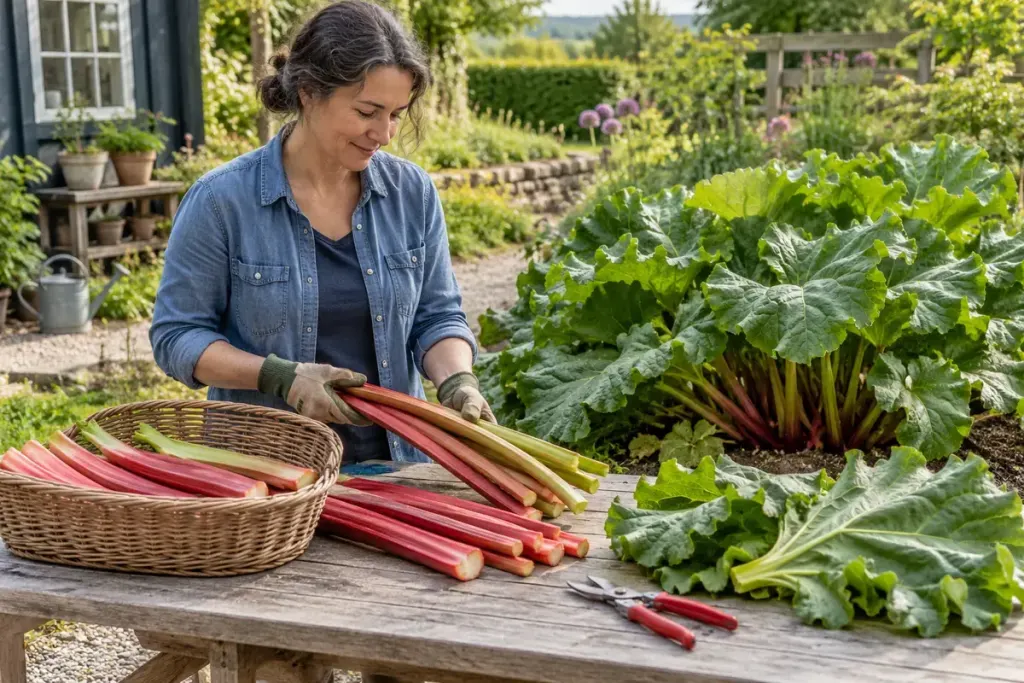 Fresh rhubarb stalks laid on a garden table beside a healthy rhubarb plant, leaves kept separate from kitchen basket.