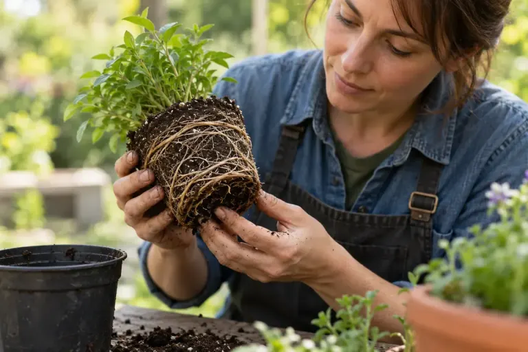 A gardener examining a compact root ball removed gently from a small nursery pot.