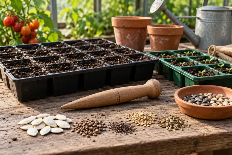 Small and large vegetable seeds beside shallow seed trays and a wooden dibber.