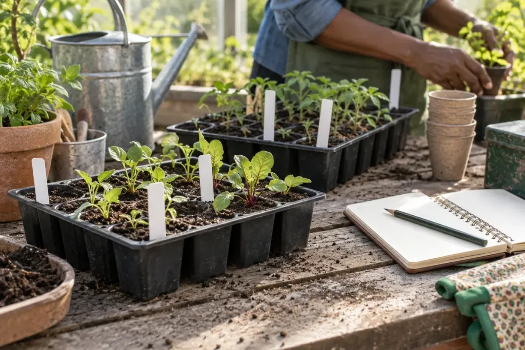 Seedling trays with durable blank plant labels, pencil and a garden notebook on a potting bench.