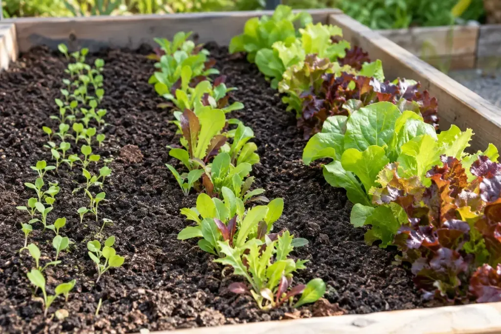 Three short rows of salad seedlings at different growth stages in a raised bed.