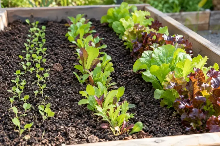 Three short rows of salad seedlings at different growth stages in a raised bed.