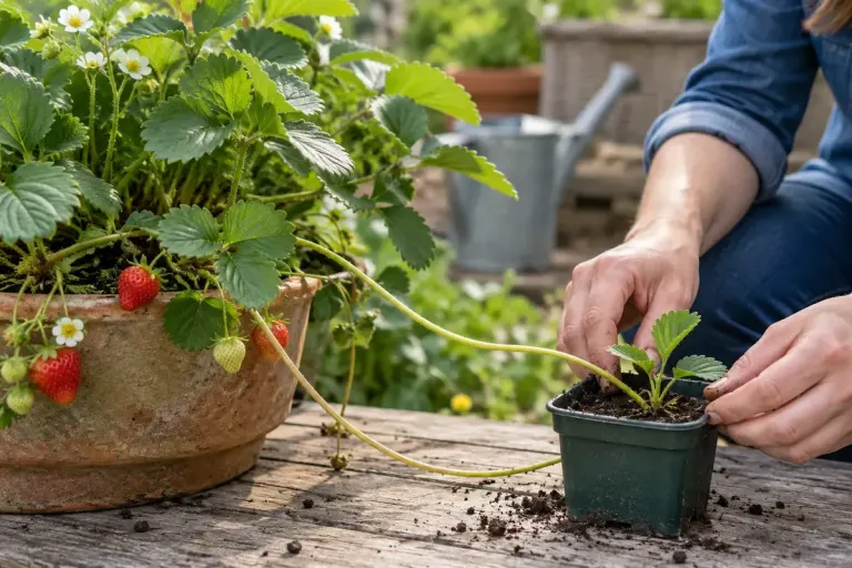 Strawberry runner rooted into a small pot beside its parent plant, attached stem clearly visible.