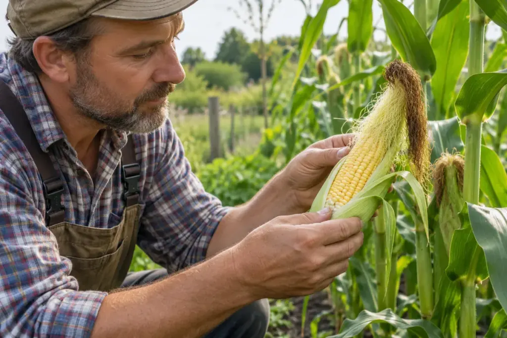 Farmer inspecting a sweetcorn cob with drying silk in a vegetable garden.