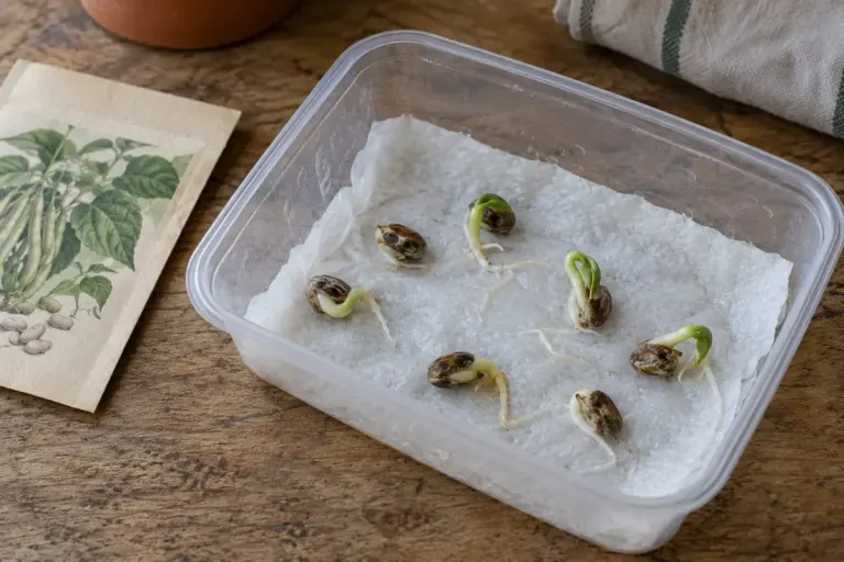 Several seeds germinating on damp paper in a transparent food container beside a seed envelope.
