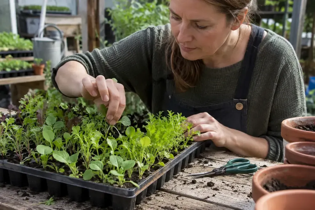 A gardener selecting seedlings in a crowded vegetable seed tray with small scissors nearby.
