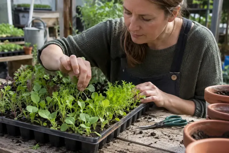 A gardener selecting seedlings in a crowded vegetable seed tray with small scissors nearby.