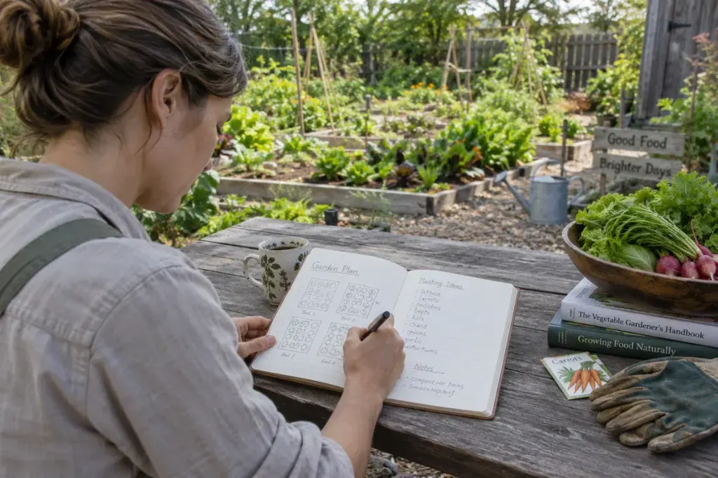 Gardener drawing a map of four vegetable beds in a notebook beside a small productive garden, planted beds visible in background.